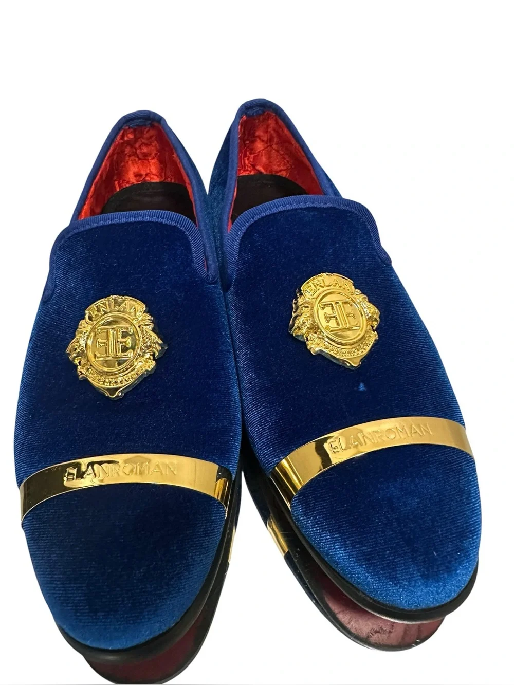 Men's Velvet Slip-On Loafers in Royal Blue with Gold Accents